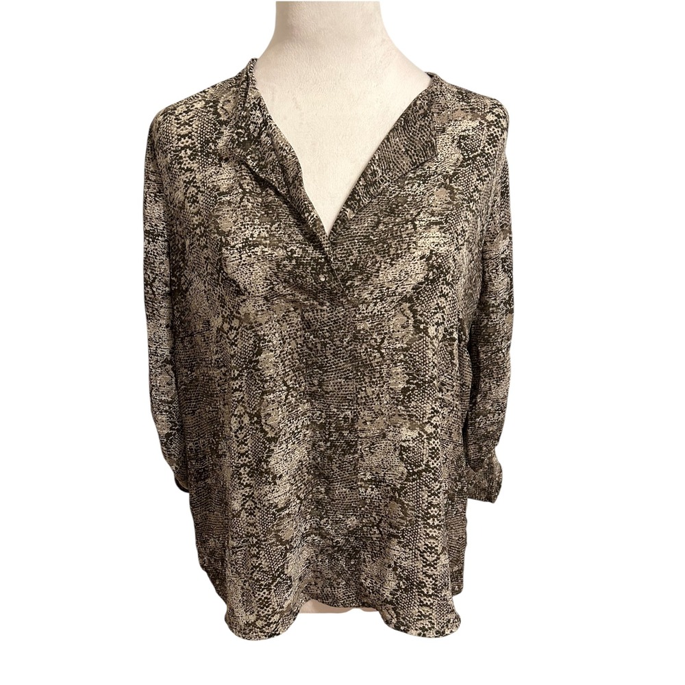DR2 small animal snake print blouse roll tab sleeve tunic green brown office